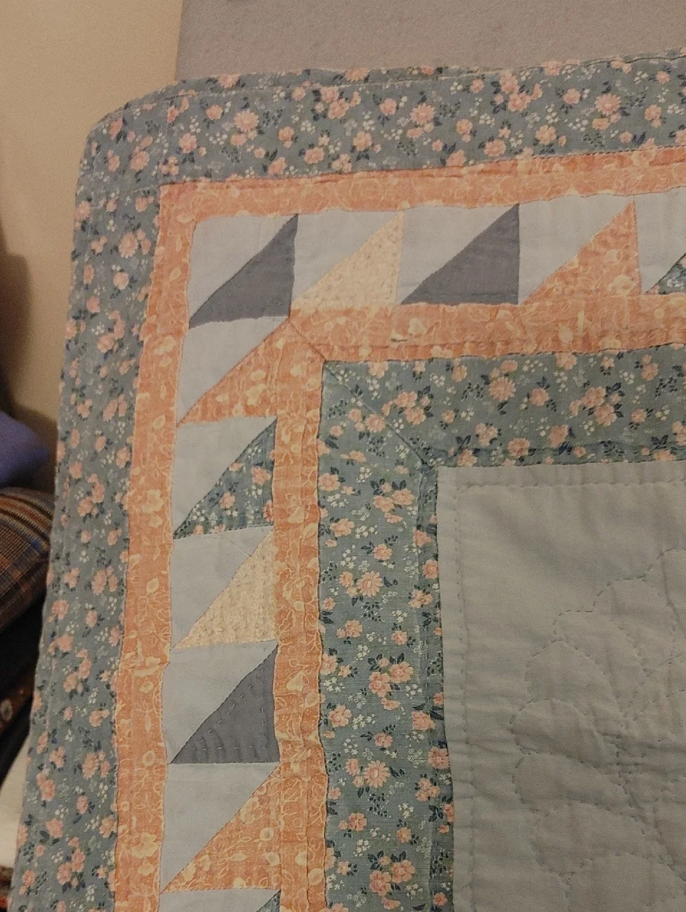 Antique Square Lonestar Small Hand Quilted Quilt in Blue and Pink